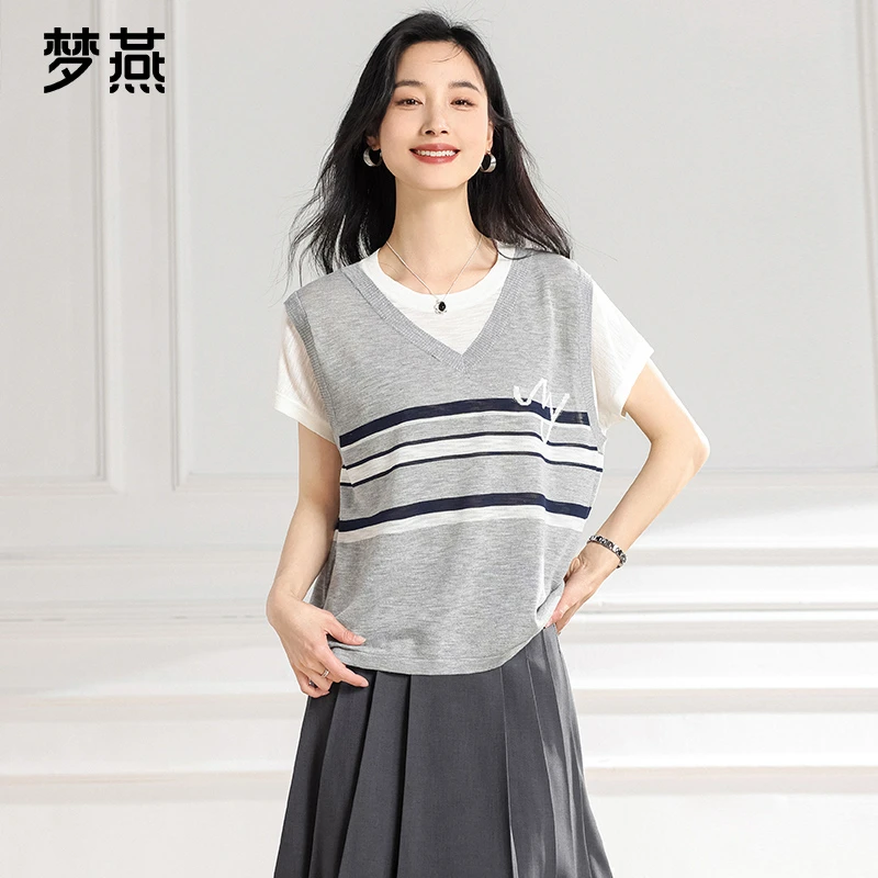 梦燕春夏女款时尚百搭气质休闲宽松舒适圆领短袖针织衫BC01B5038D