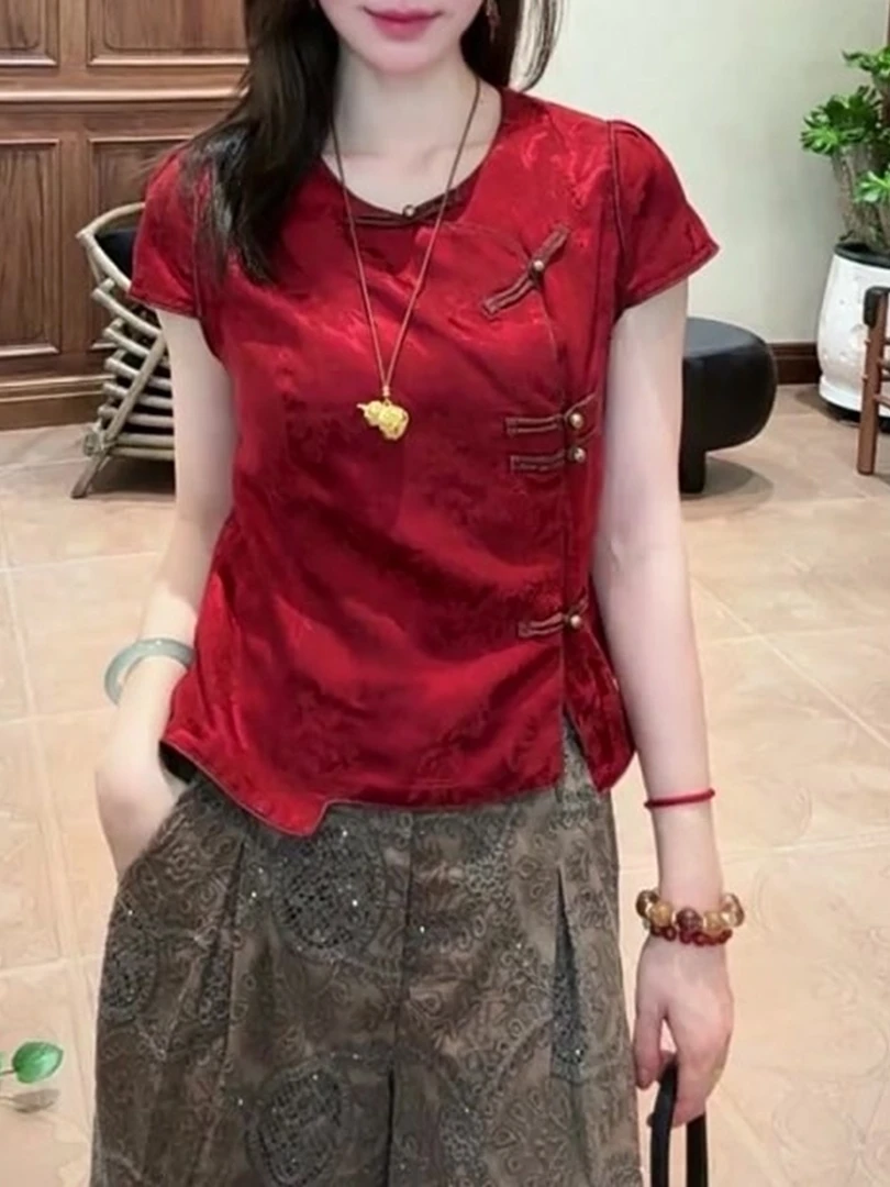 红色圆领无袖背心2025夏季新款女装斜襟门盘扣设计新中式国风上衣