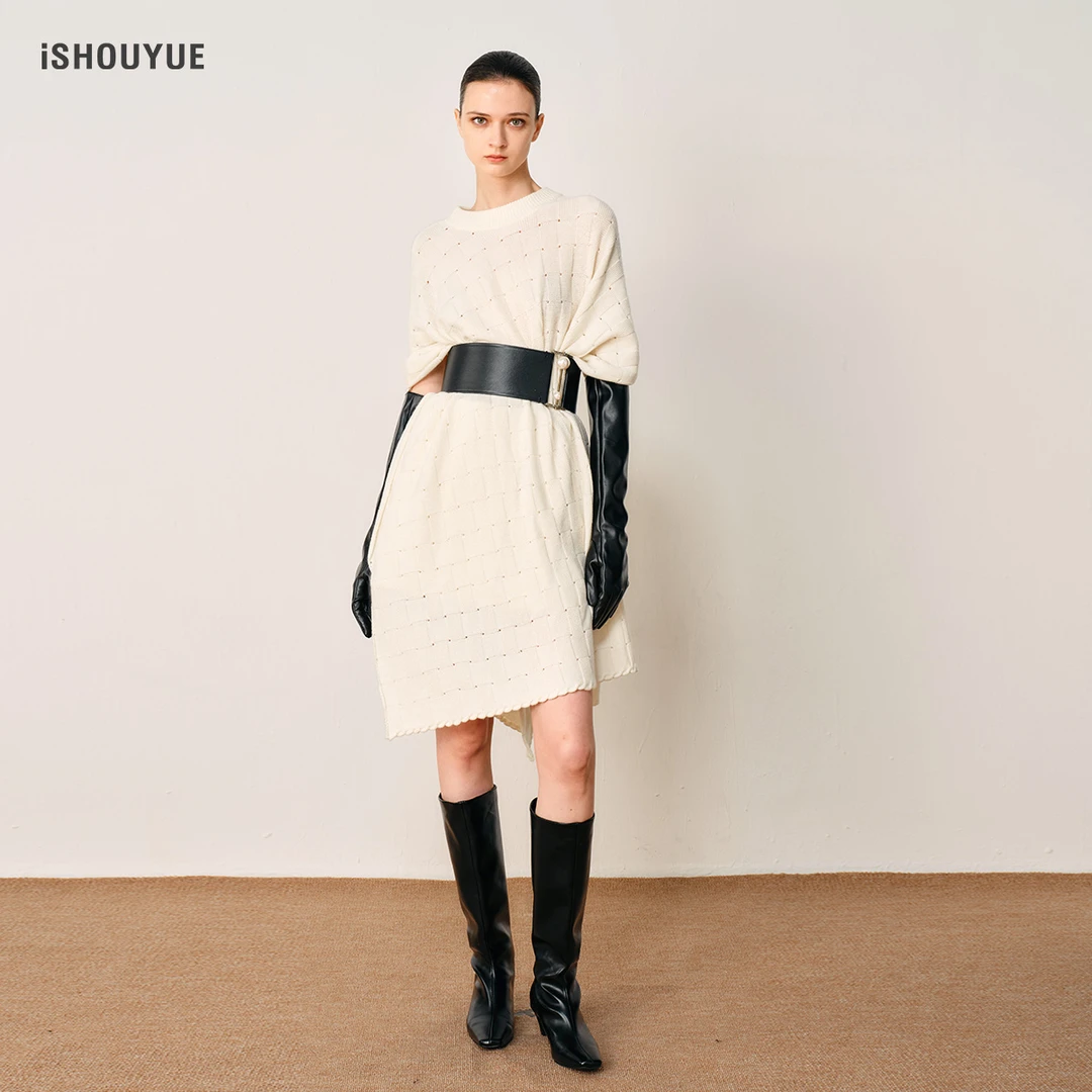 iSHOUYUE · 蒙德里安羊毛羊绒针织披肩斗篷白色秋冬圆领时尚