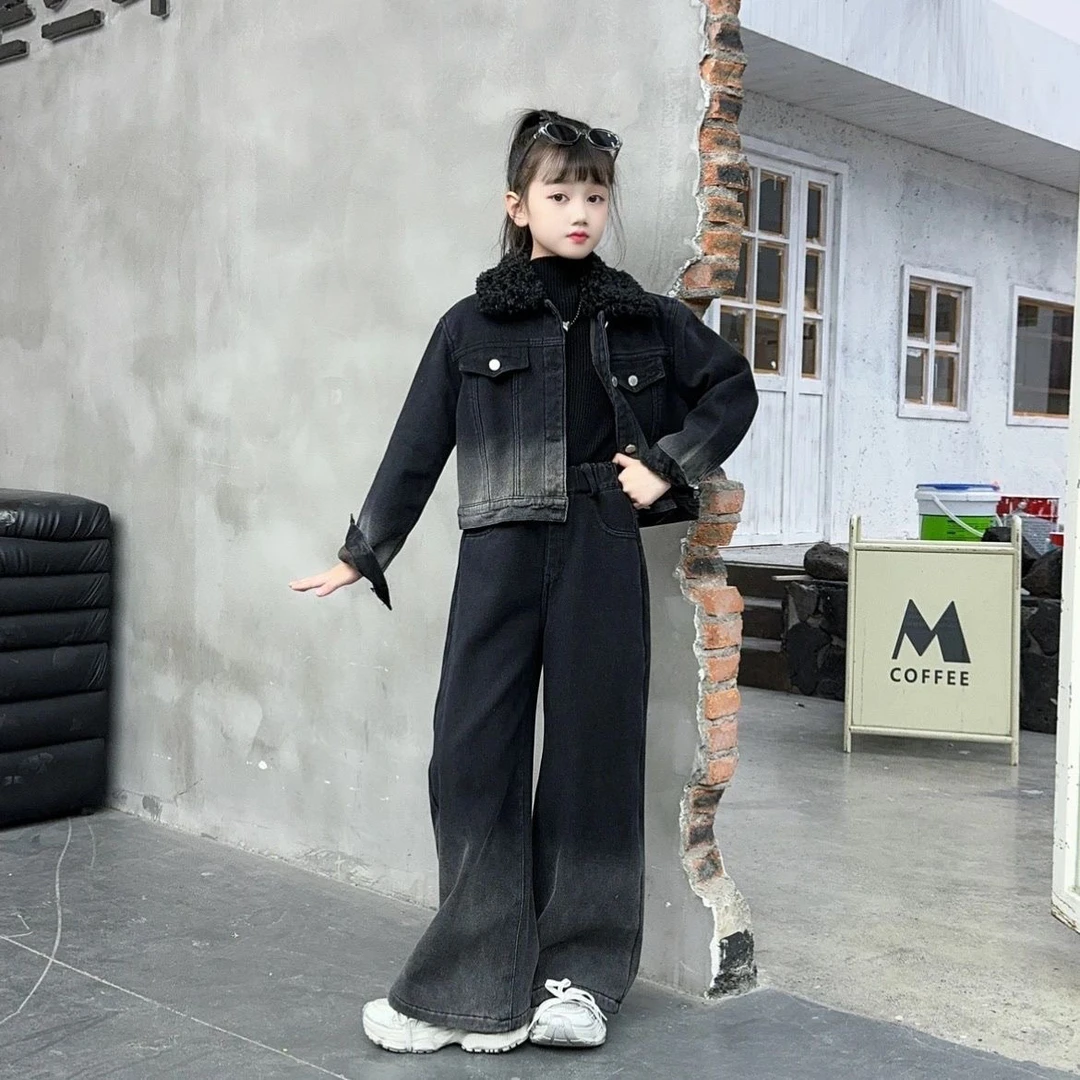 女童加绒牛仔套装秋冬2025新款儿童加厚渐变外套阔腿牛仔裤两件套