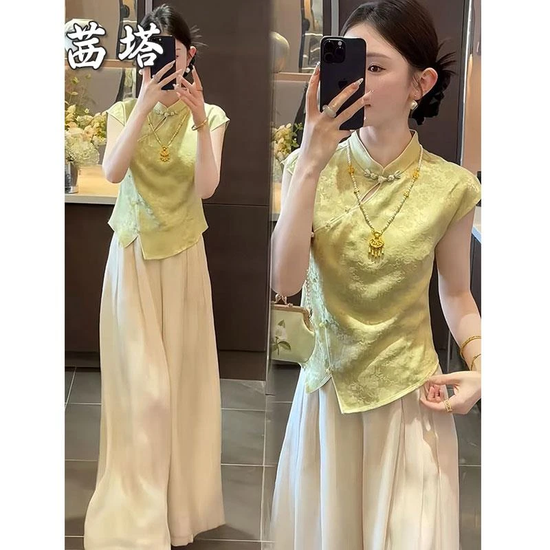 新中式国风套装女2025夏季新款轻奢气质立领盘扣上衣阔腿裤两件套