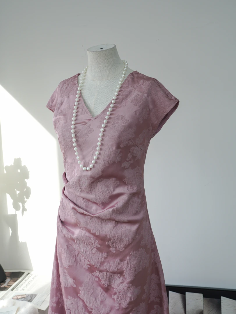 【端午礼物】开叉连衣裙国风新中式显瘦v领暗纹提花连衣裙女C135