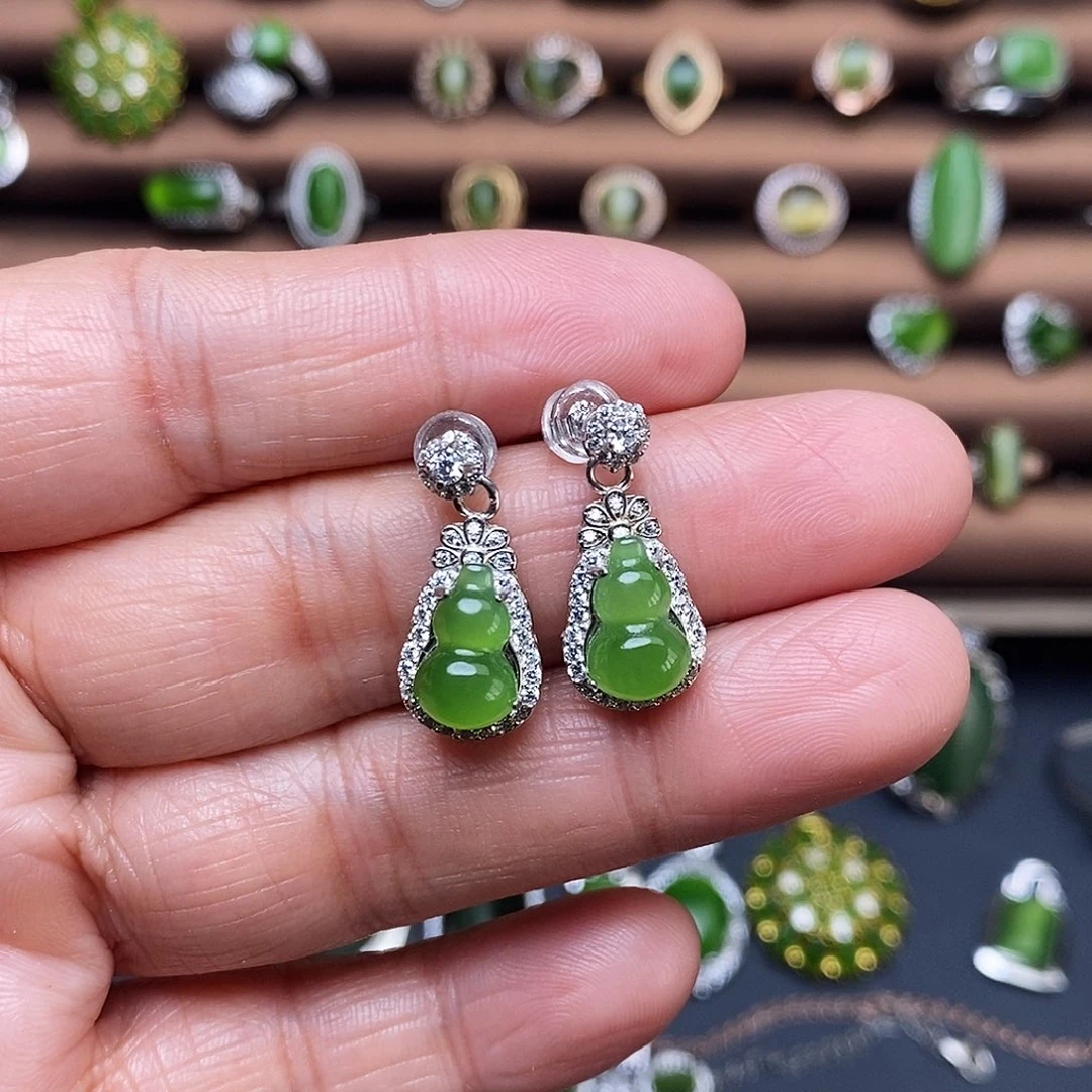 吊坠(不含链)银S925镶嵌和田玉（碧玉）耳饰