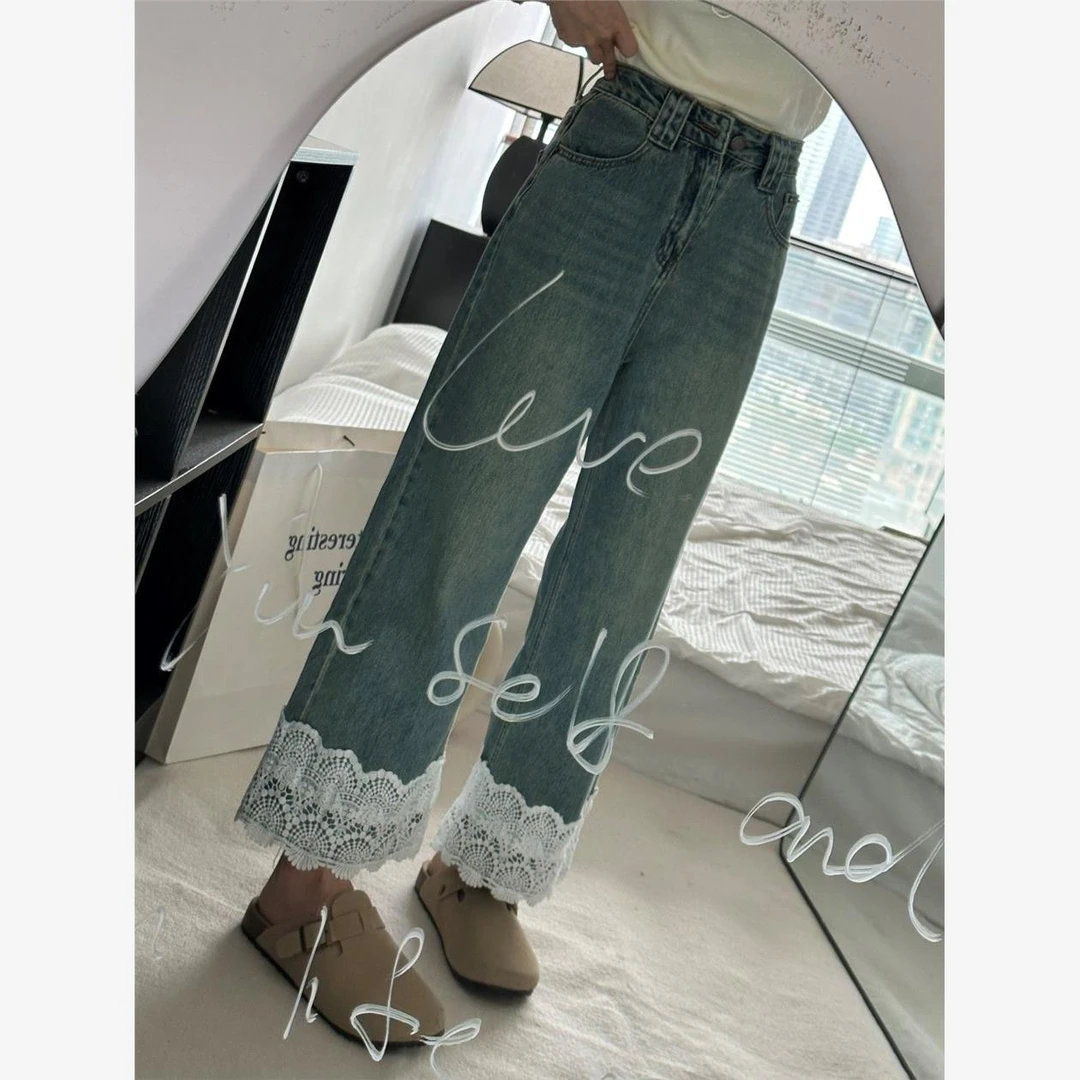 大码复古设计感蕾丝花边牛仔裤女夏季高腰显瘦百搭减龄直筒阔腿裤