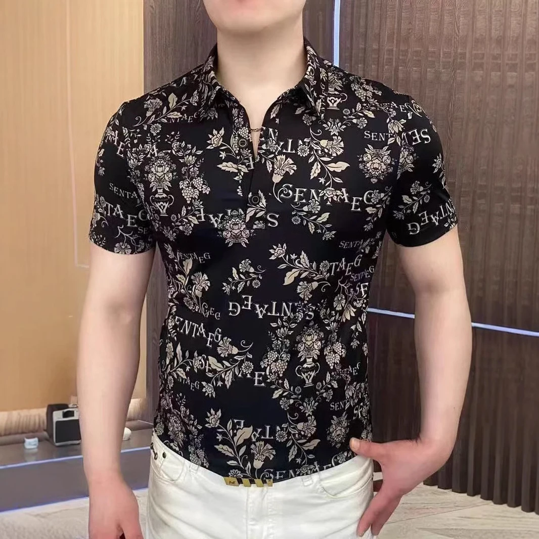 欧货夏季男士冰丝短袖T恤轻奢时尚简约印花翻领轻熟风空调POLO衫