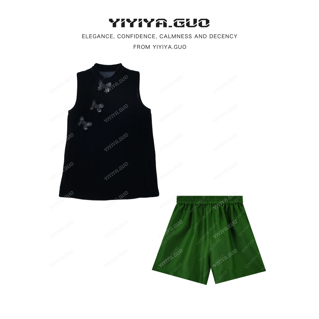 yiyiya.Guo艺艺吖【钻石蝴蝶】冰凉肤感丝绒钉珠上衣+短裤2278SS52