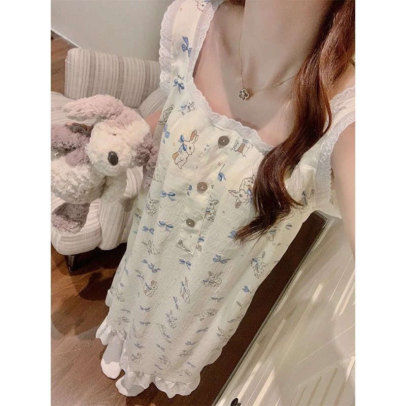 无袖带胸垫睡衣女款爆款2025新款夏季云朵棉可爱兔吊带睡裙家居服