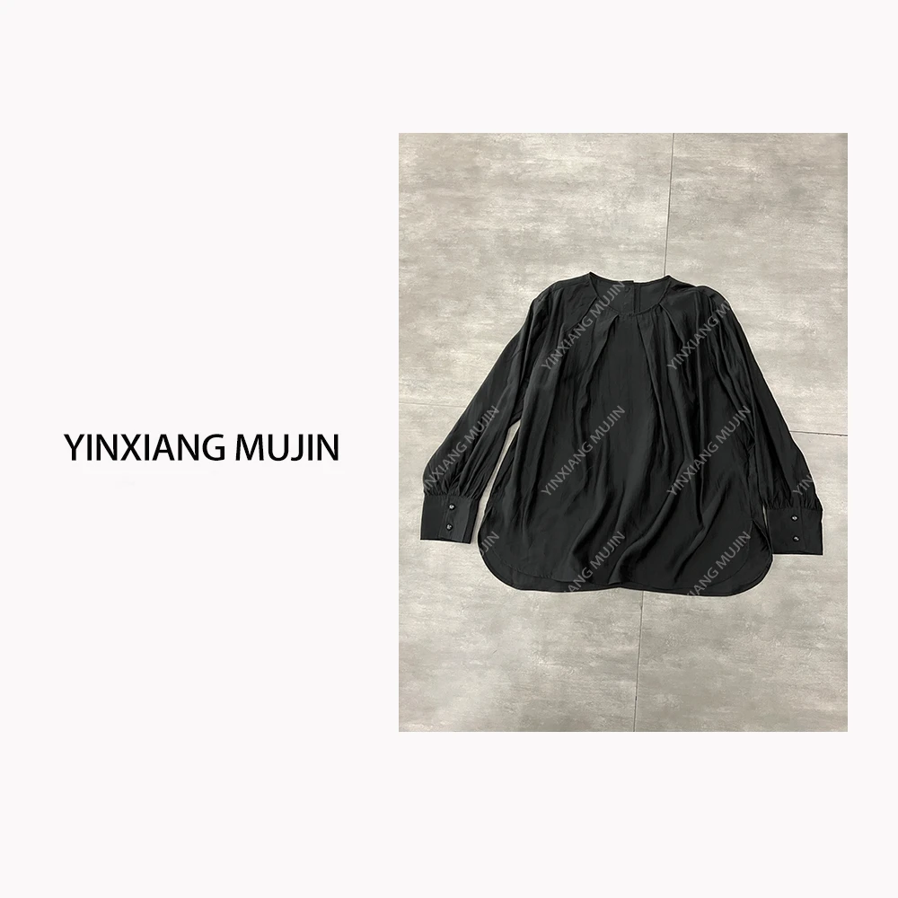 【YINXIANGMUJIN】丝质黑衬衫 早春新款圆领设计师衬衣女士长袖百搭