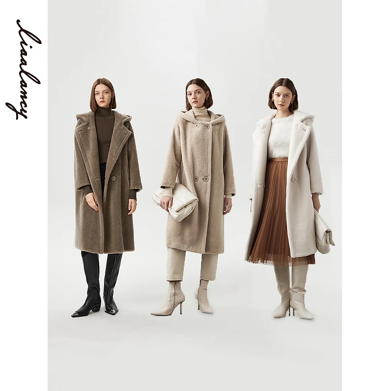 人造皮草 朗姿泰迪颗粒大衣女士冬季新款法式连帽中长款毛毛外套