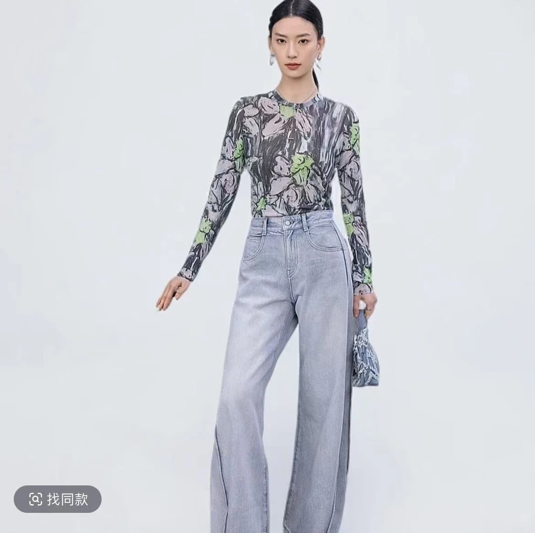 9910【夏款】时尚修身印花显瘦女士复古长袖圆领网纱长袖