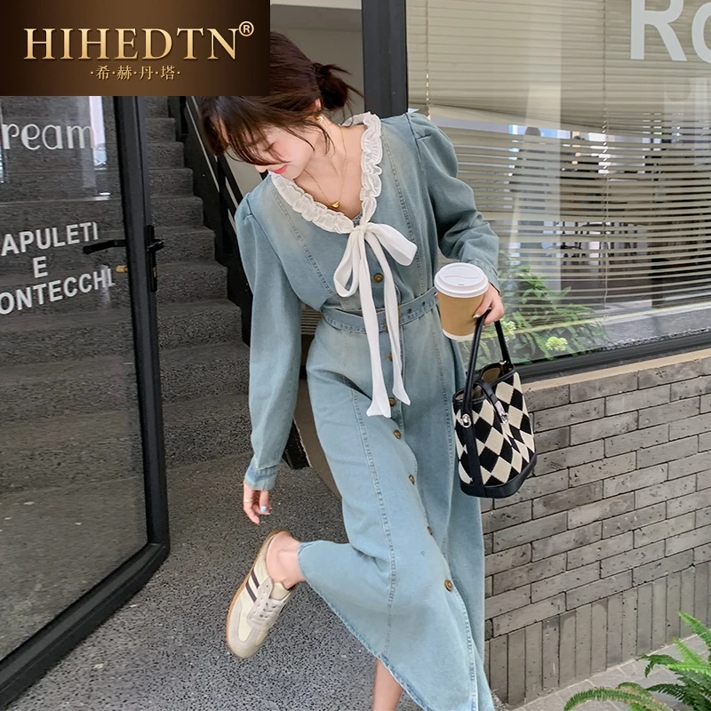 浅蓝色法式牛仔连衣裙女春秋长袖2025新款小个子气质设计感长裙子