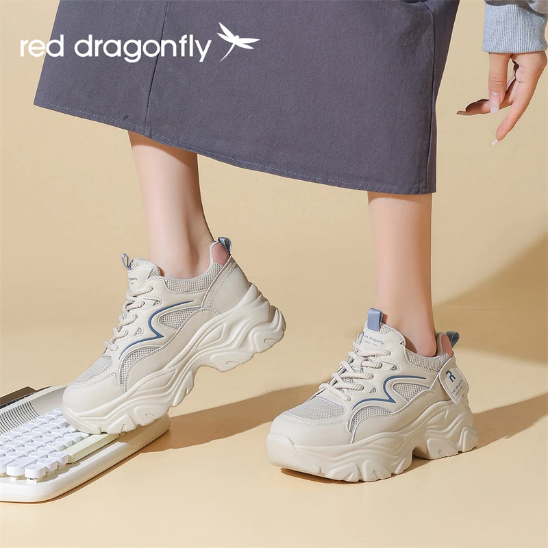 红蜻蜓女士百搭复古潮流舒适厚底圆头系带网面加绒时尚运动休闲鞋