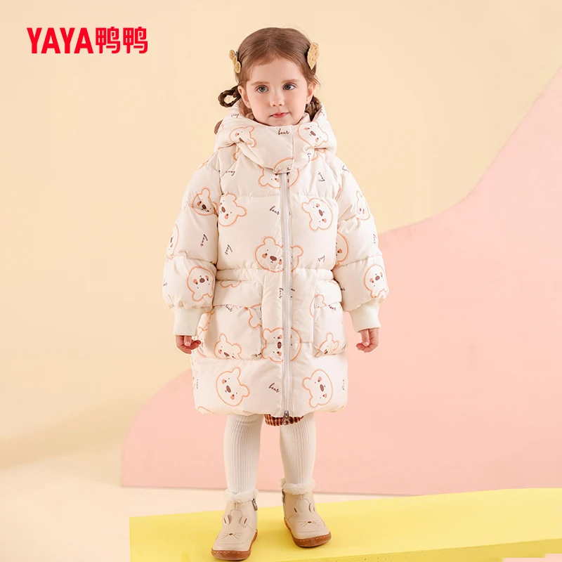 鸭鸭卡通印花小童短款羽绒服女2025冬季新款童装连帽厚实保暖外套
