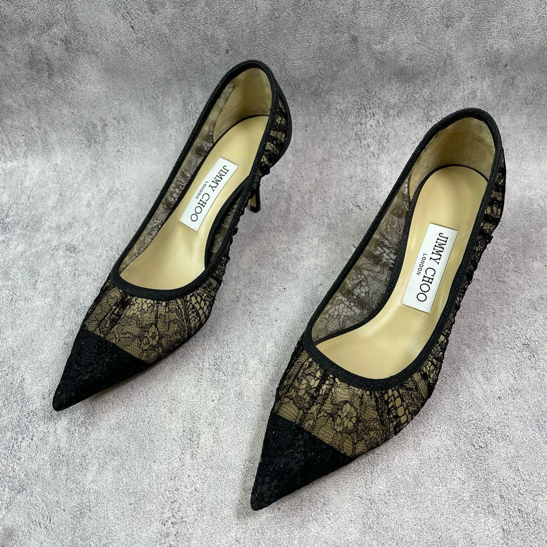 99新 JIMMY CHOO/吉米周 黑色网纱闪粉高跟鞋 36.5码 Y340