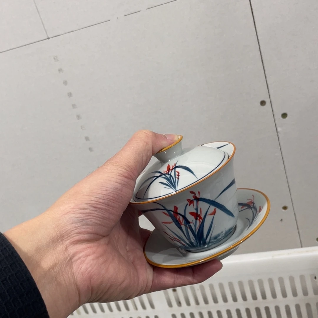 釉下手绘茶具，，大瑕