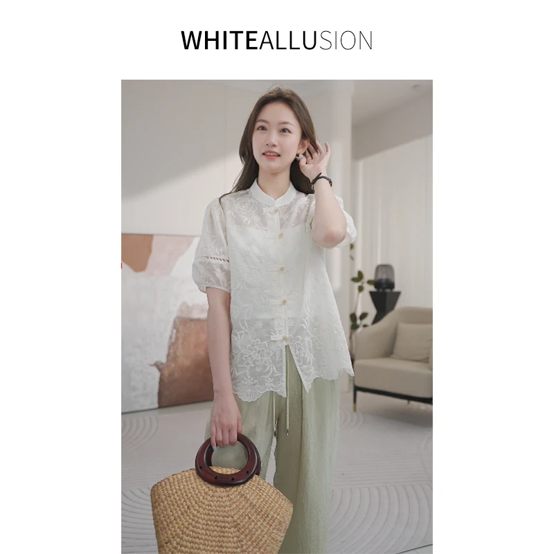 清仓】新中式刺绣提花盘扣刺绣衬衫轻国风气质小衫1898