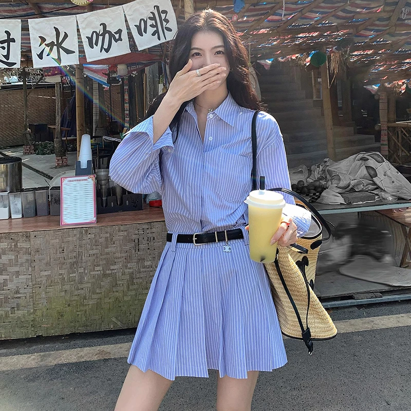 【两件套】蓝色条纹女慵懒风宽松休闲上衣半身裙a字短裙套装D0349