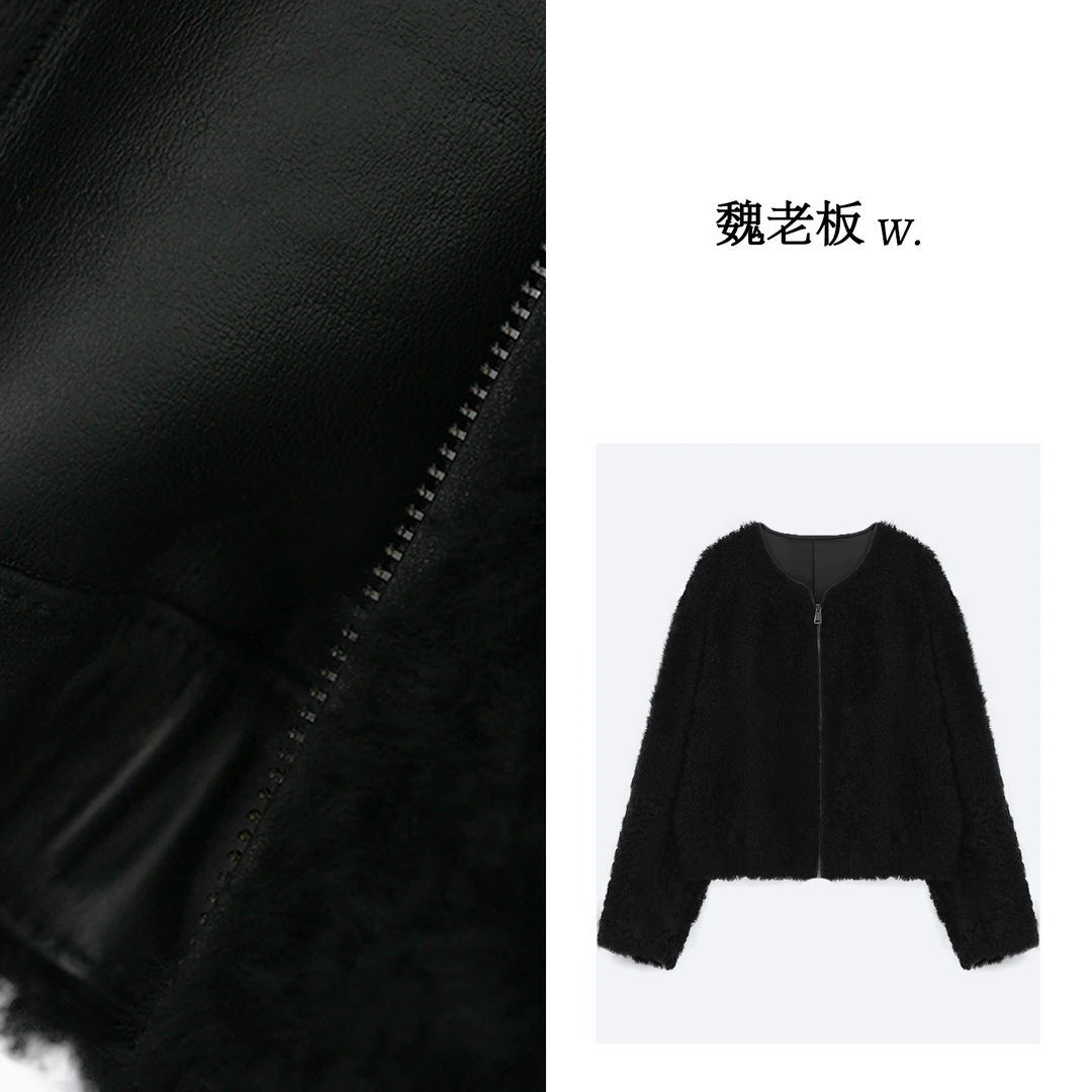 W.Diva【黑松露】黑色阿尔卑斯洋气拉贡羔羊皮毛一体外套4CDM38100