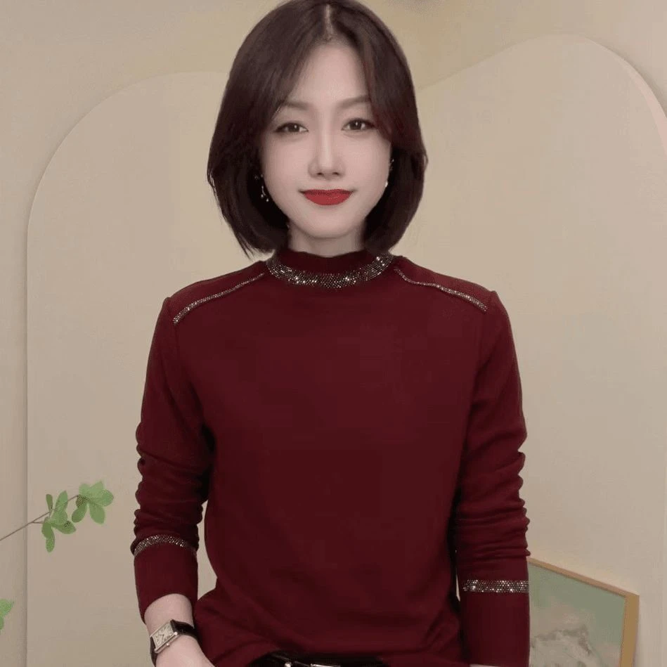 秋冬季德绒半高领烫钻打底衫女2024新款洋气长袖t恤女百搭上衣