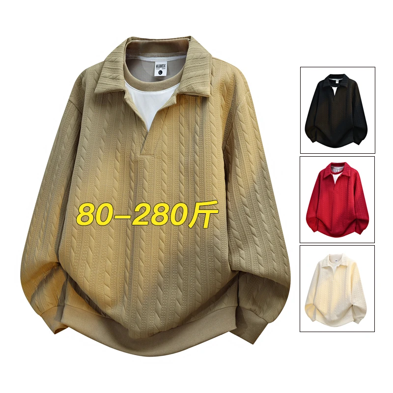 大码设计感假两件翻领卫衣男士春秋季休闲百搭宽松红色长袖上衣潮