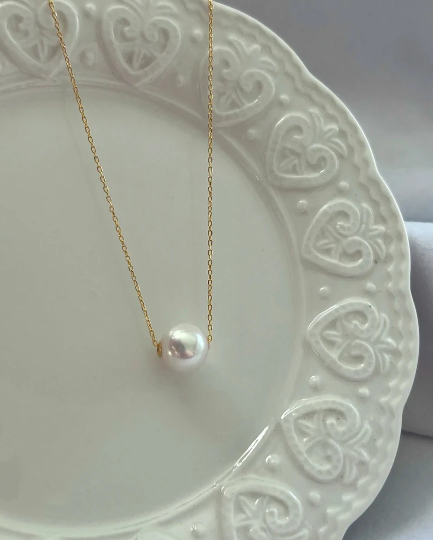 18k金 大龙珠13-14mm淡水路路通项链时尚百搭简约真金 E105