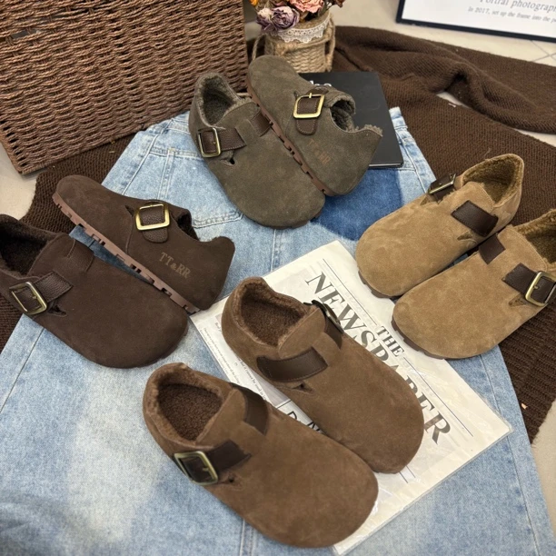 小雨家【韩版】秋冬百搭外穿休闲皮带扣加绒保暖软底豆豆勃肯鞋