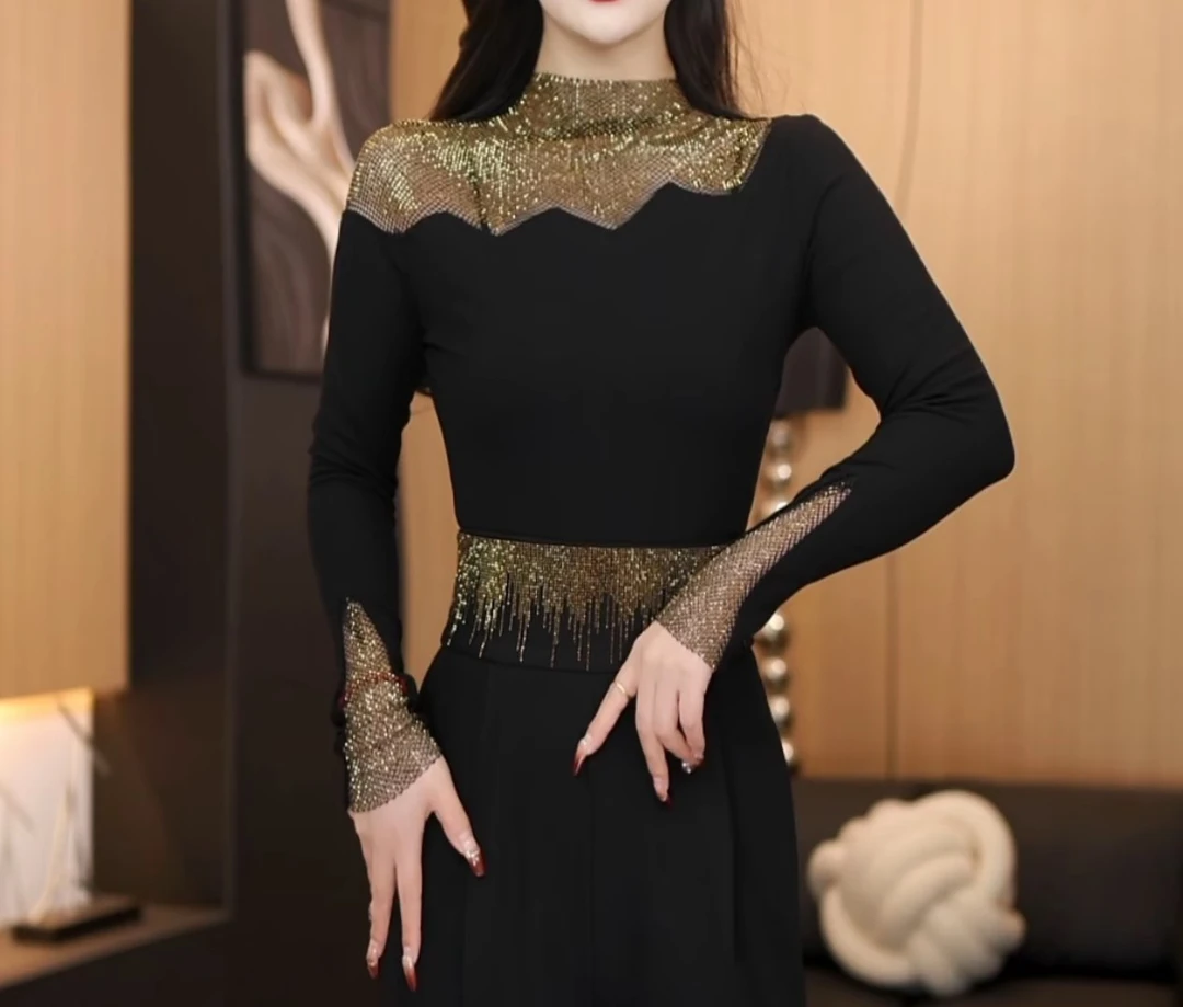 【 冬季新款】新款秋冬拼接波浪钻修身显瘦时尚保暖百搭上衣女-3255