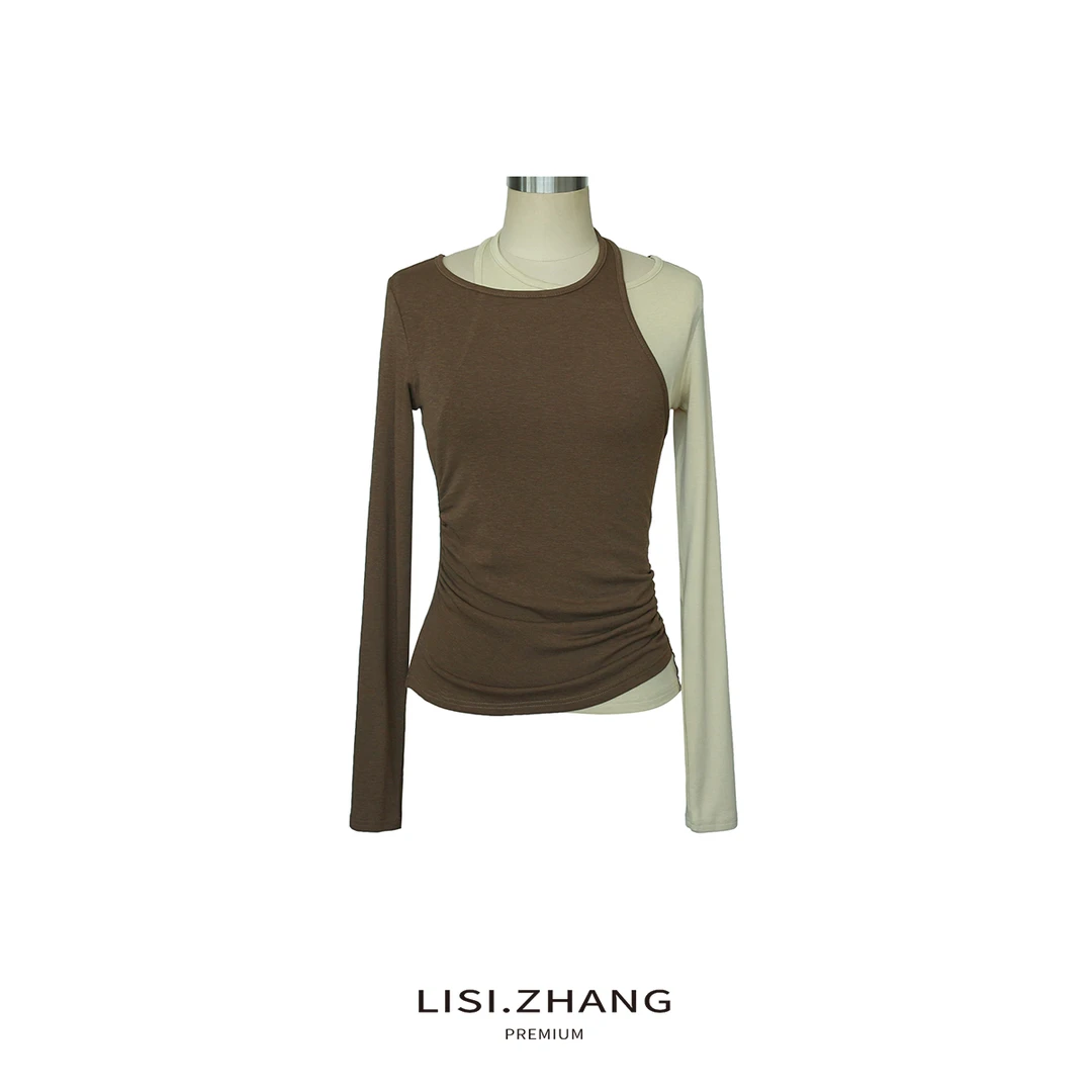 LISI.ZHANG--【天丝挂脖T恤】阴阳撞色天丝棉设计感时尚露肩挂脖T恤