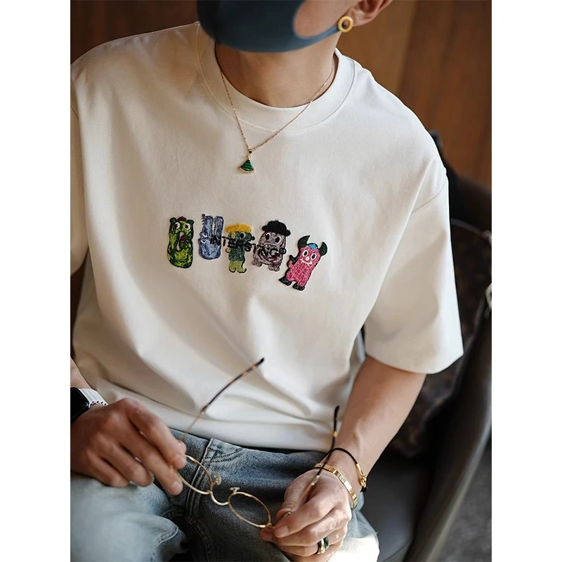 Moleubak 韩系原创设计趣味卡通刺绣短袖T恤男新款宽松痞帅圆领衫