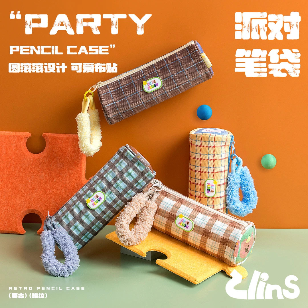 冬天毛绒提手撞色格纹笔袋2026年高颜值初中女孩款文具盒大容量