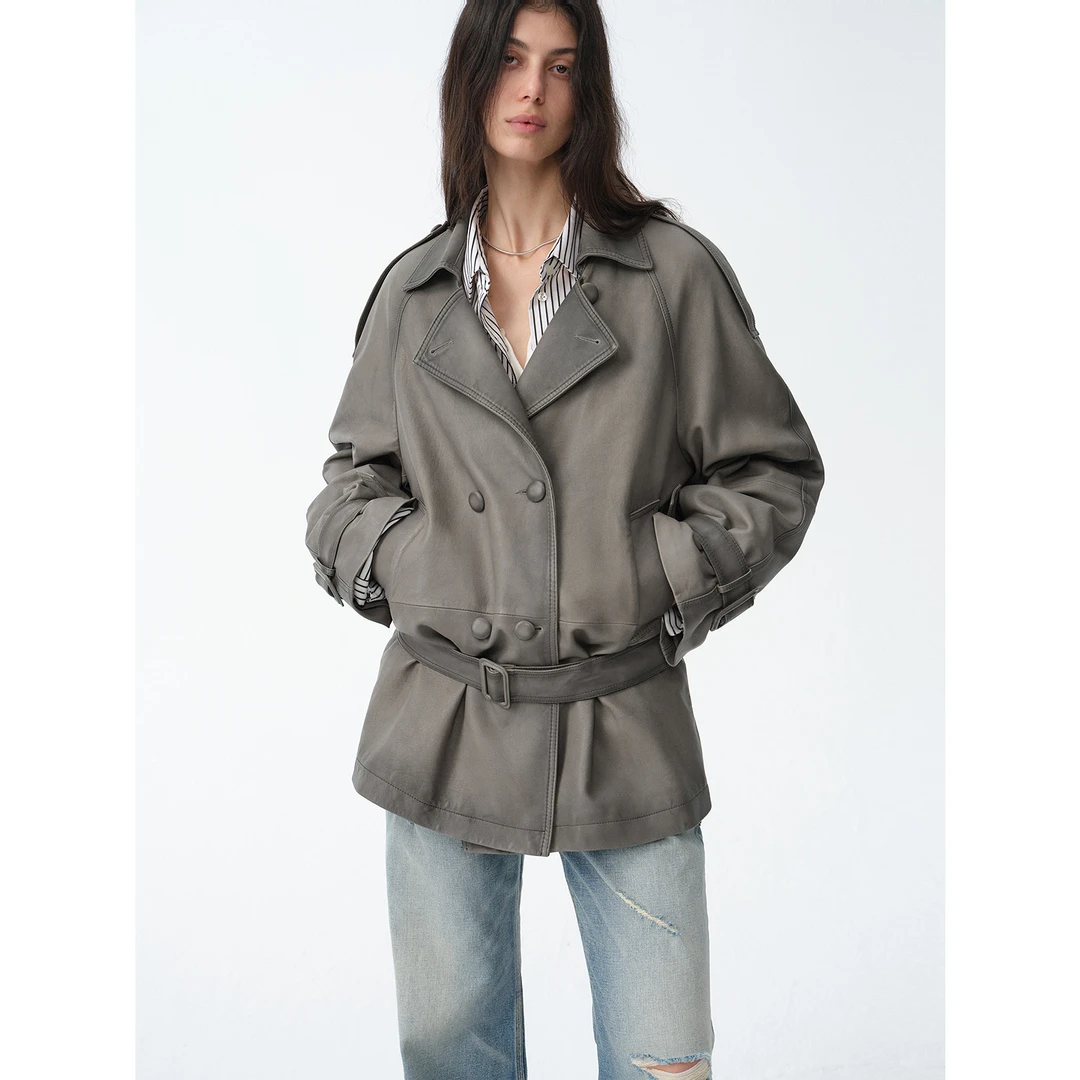 付智恩 流浪者之歌 复古油蜡皮松紧要真皮皮衣女