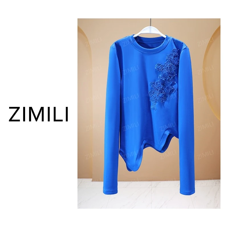 【亮哥欧货女装】冬季热感螺纹《繁花》蓝色高弹显瘦打底上衣26057-A9