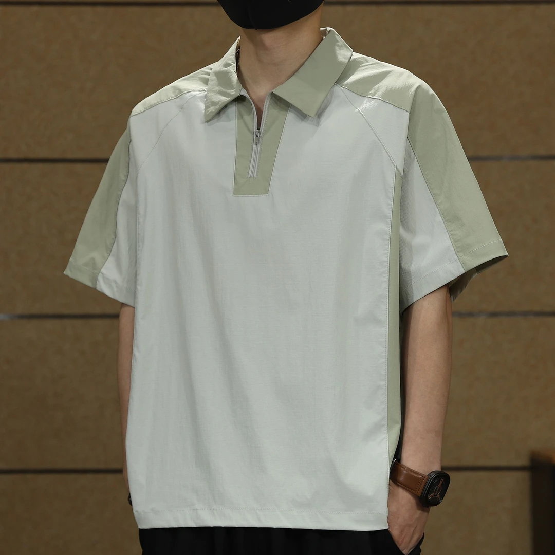 轻奢痞帅男装短袖polo衫冰丝速干夏季薄款潮牌宽松拉链t恤男上衣T