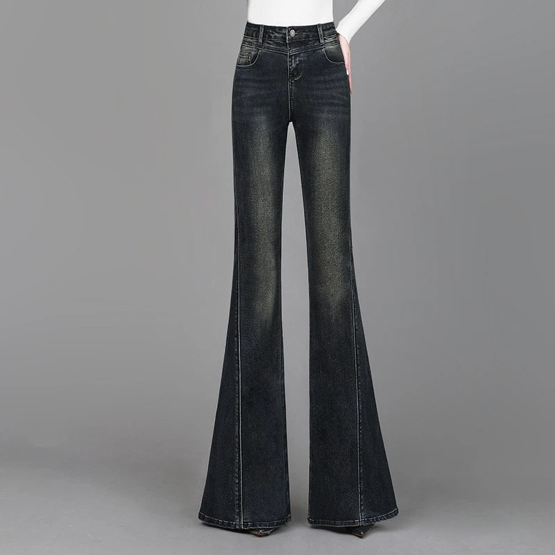 牛仔喇叭裤女修身2025秋冬新款大长腿显瘦高腰提臀深色微喇拖地裤