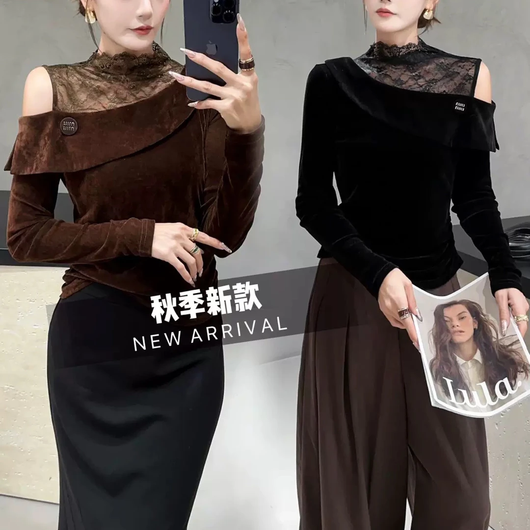 米莱jiaer/拼蕾丝镂空露肩丝绒衫T恤洋气内搭老钱风打底衫1919