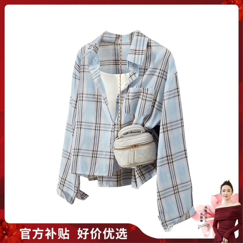 她池2025夏季新款女装休闲单排扣减龄翻领格纹长袖衬衫T52X2391C