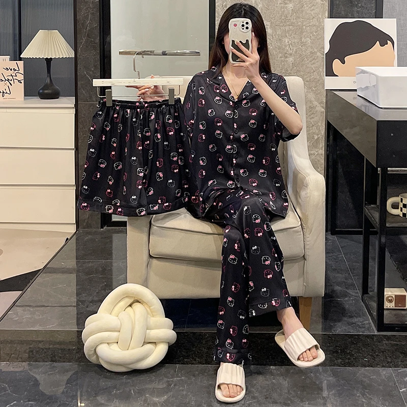 睡衣女夏季短袖三件套装2025新款可外穿大码凉感薄款kt猫女家居服