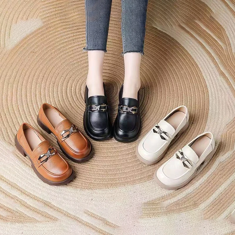 2025新款头层牛皮百搭真皮英伦风圆头软底透气防滑耐磨矮跟乐福鞋