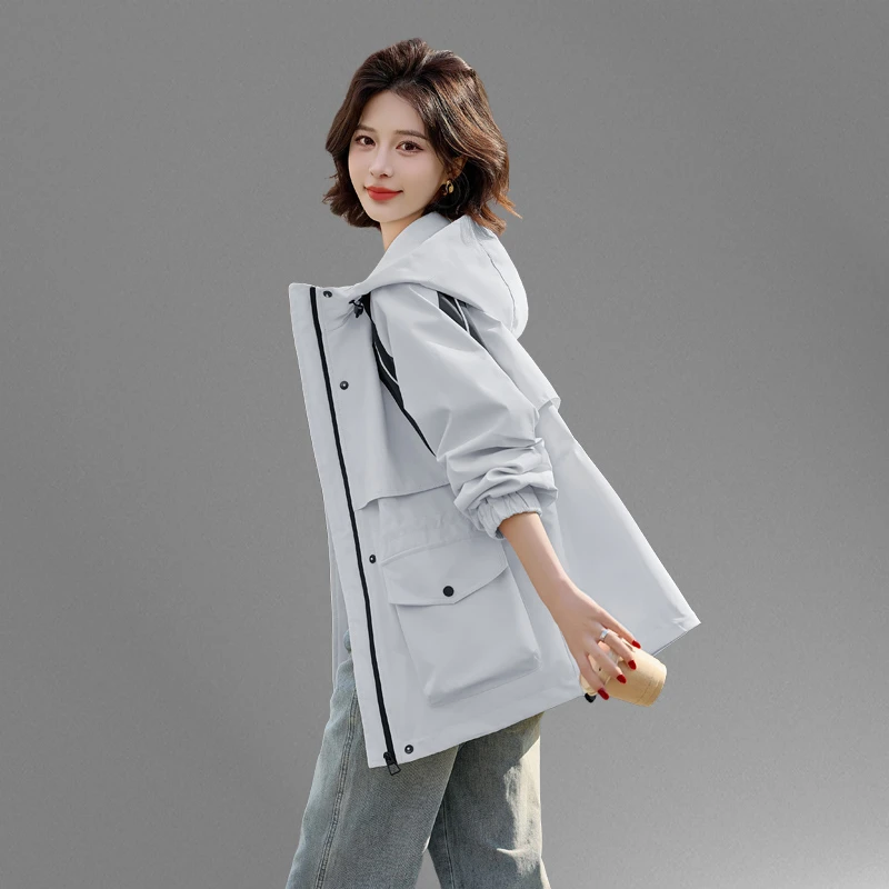 风衣外套女春秋2025新款小个子时尚洋气收腰休闲工装连帽夹克上衣