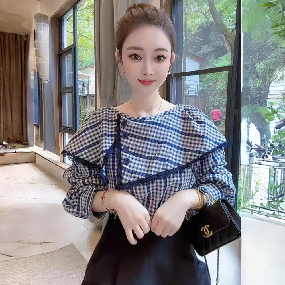 La babite格纹气质衬衫女春秋新款百搭拼接不规则衬衣百搭上衣