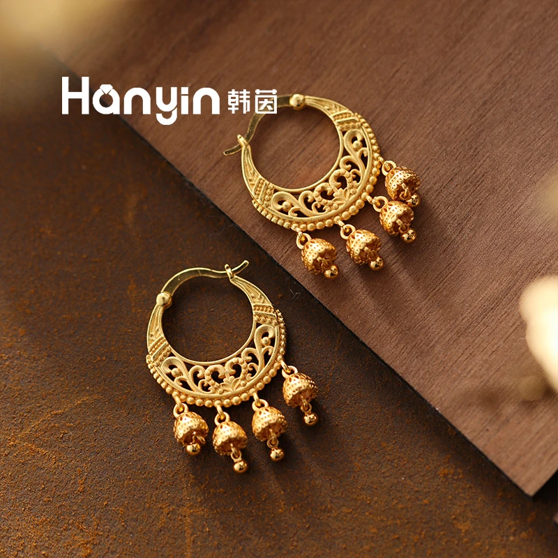 铜合金耳饰 新中式镂空月亮船形铃铛流苏耳扣