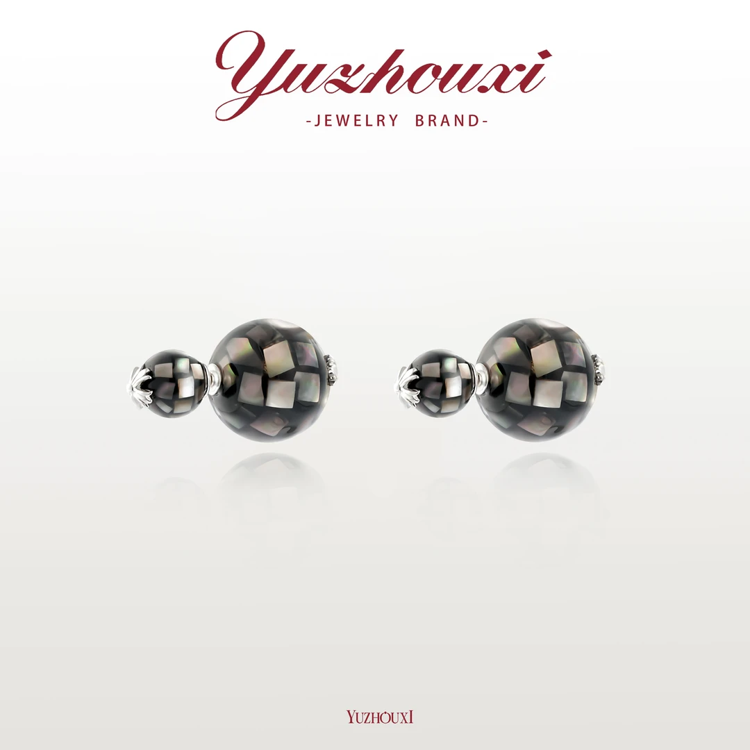 铜合金贝壳耳饰  E4-064【黑色贝壳珠米子花前后耳钉】