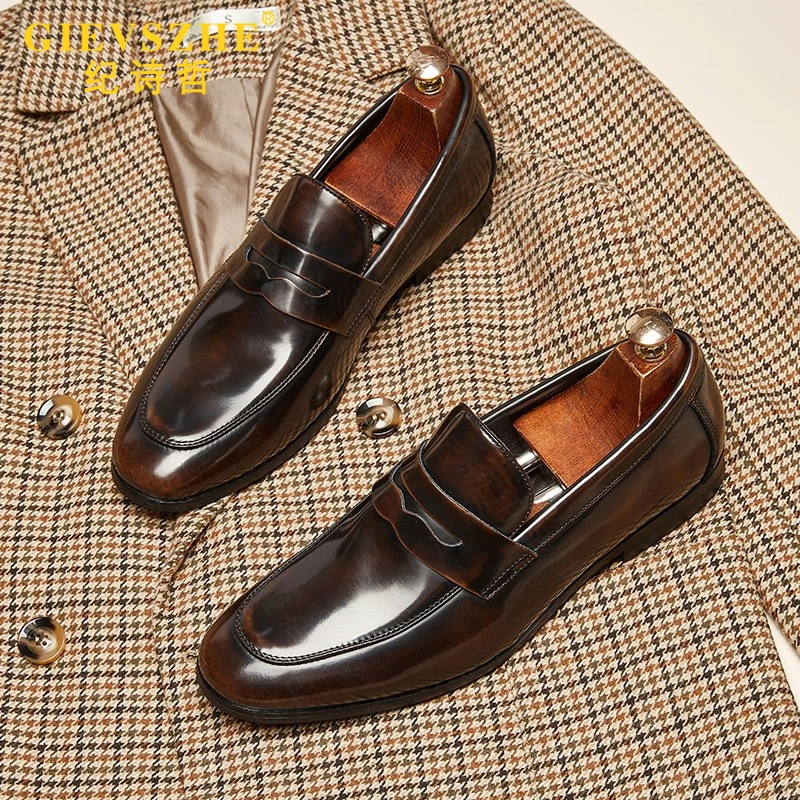 纪诗哲男士懒人皮鞋日系复古英伦一脚蹬乐福鞋商务正装圆头男鞋子