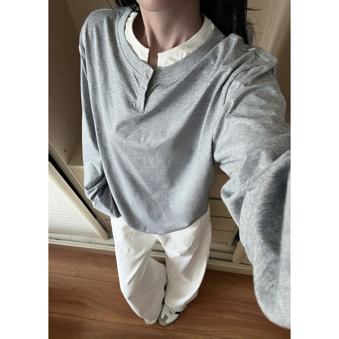 ESEWRD美式简约假两件亨利领长袖T恤男女宽松休闲高级感上衣情侣