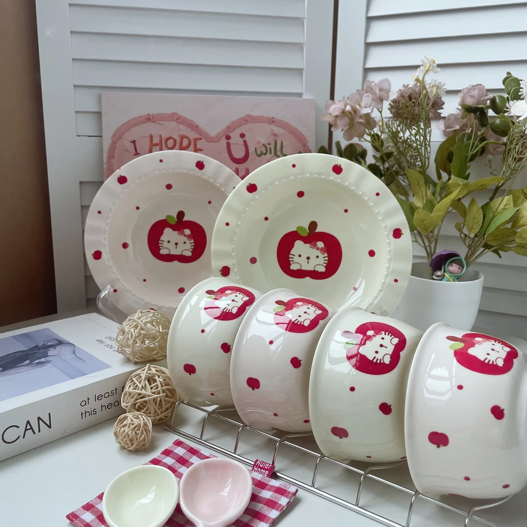苹果小猫瓷釉森系粉嫩少女心易清洗碗吃饭陶瓷6件套