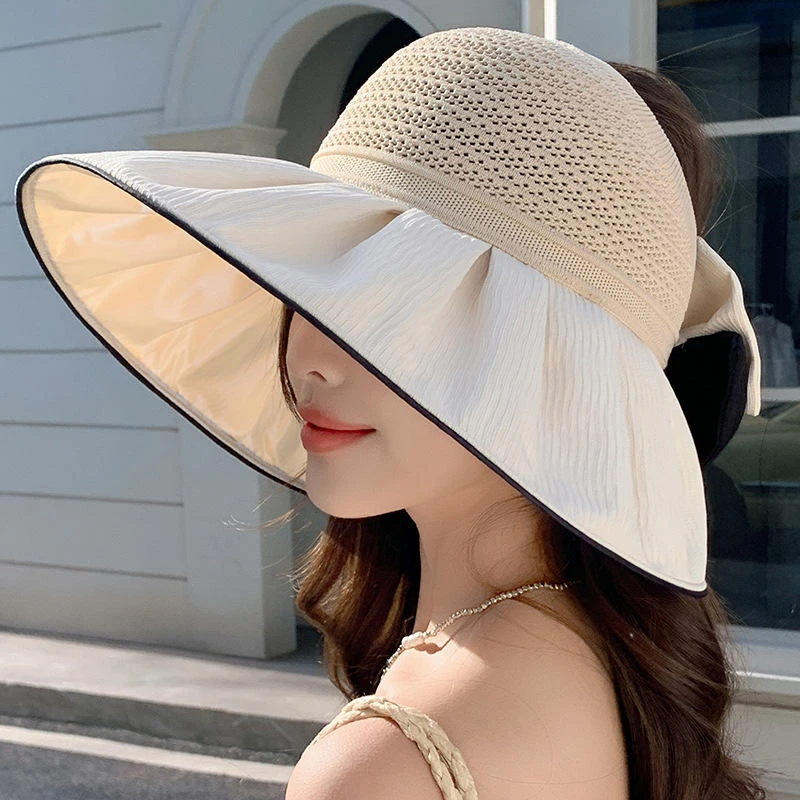 夏季气质双色大蝴蝶结遮阳帽时尚甜美透气空顶帽大帽檐防晒帽批发
