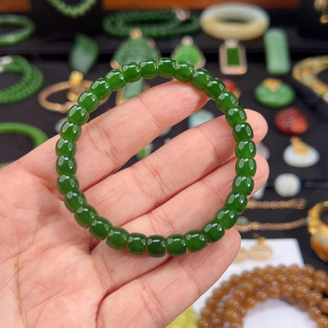 和田玉（碧玉）未镶嵌手串辣绿6/7mm直切珠手串