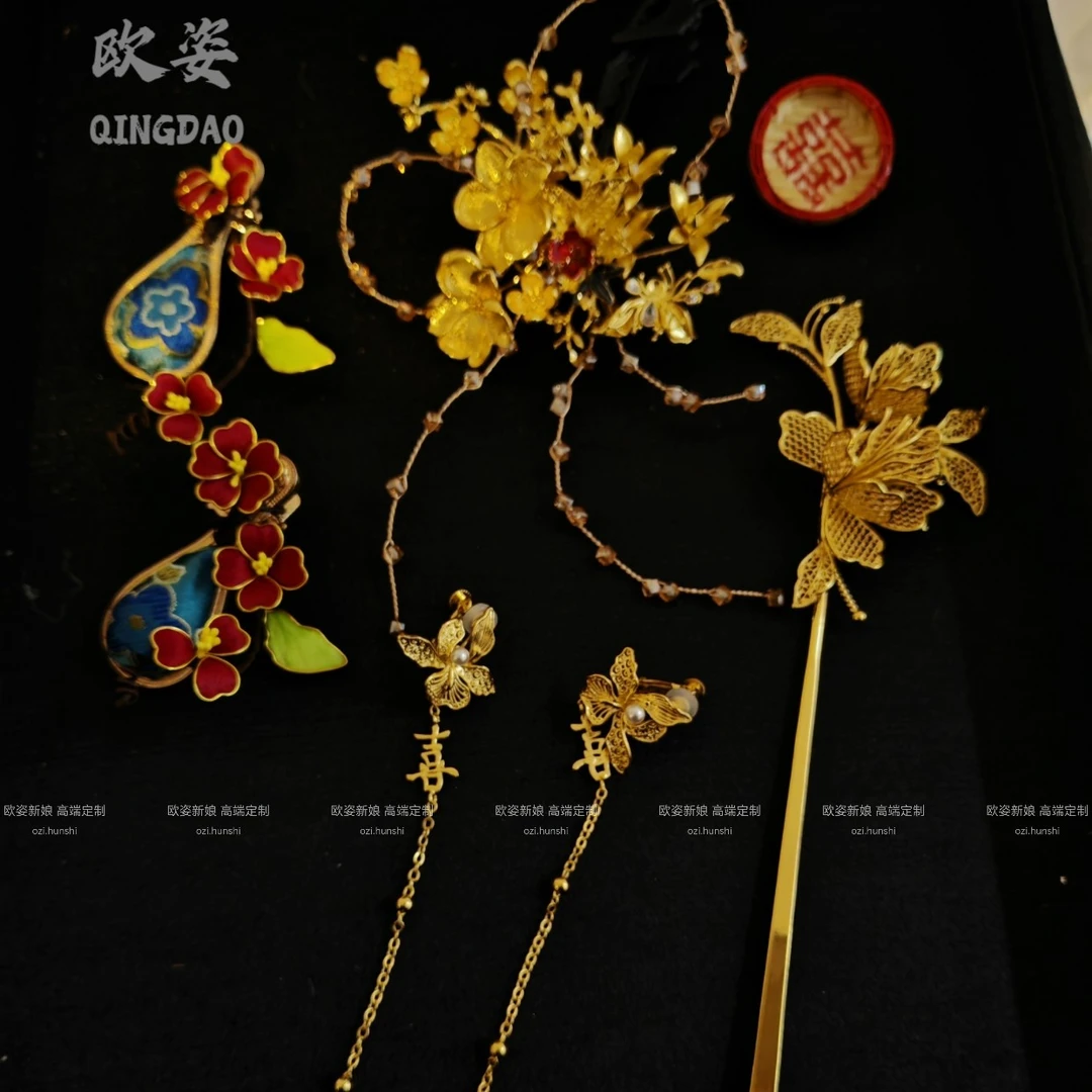 小众设计感手作发饰新中式婚礼跟妆新娘国风旗袍配饰新娘结婚配饰