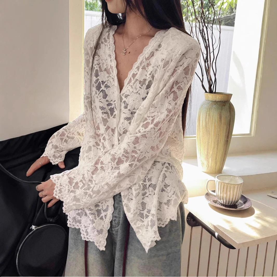 气质开衫打底衫蕾丝黑色性感宽松网红镂空上衣百搭设计感显瘦