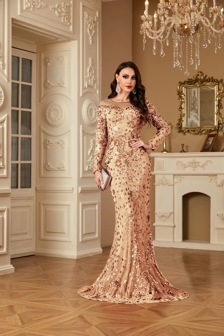 重工复古刺绣珠光闪闪长袖金色礼服主持人演出修身婚宴宴会礼服